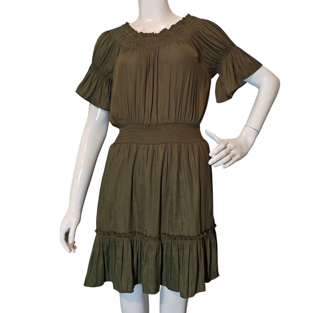 Versona Olive Green Smocked Flutter Sleeve Mini Dress Boho Cottagecore